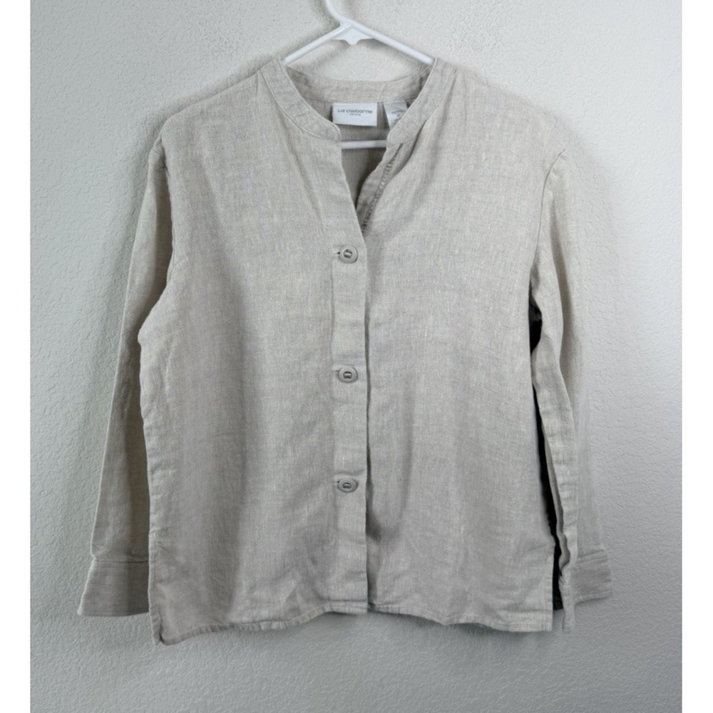 Liz Claiborne 100% Linen Jacket Shirt Petite M Beige Band Collar Neutral Career